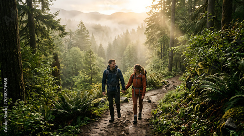 Couple walks hand in hand along a dirt forest trail while surrounded by towering ancient evergreen trees.