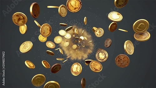 Floating gold coins exploding with sparkles on dark glittering background