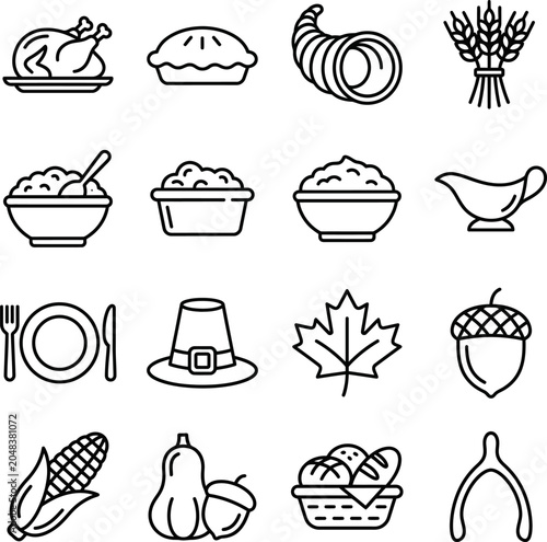 Thanksgiving day food and symbol icons on white background