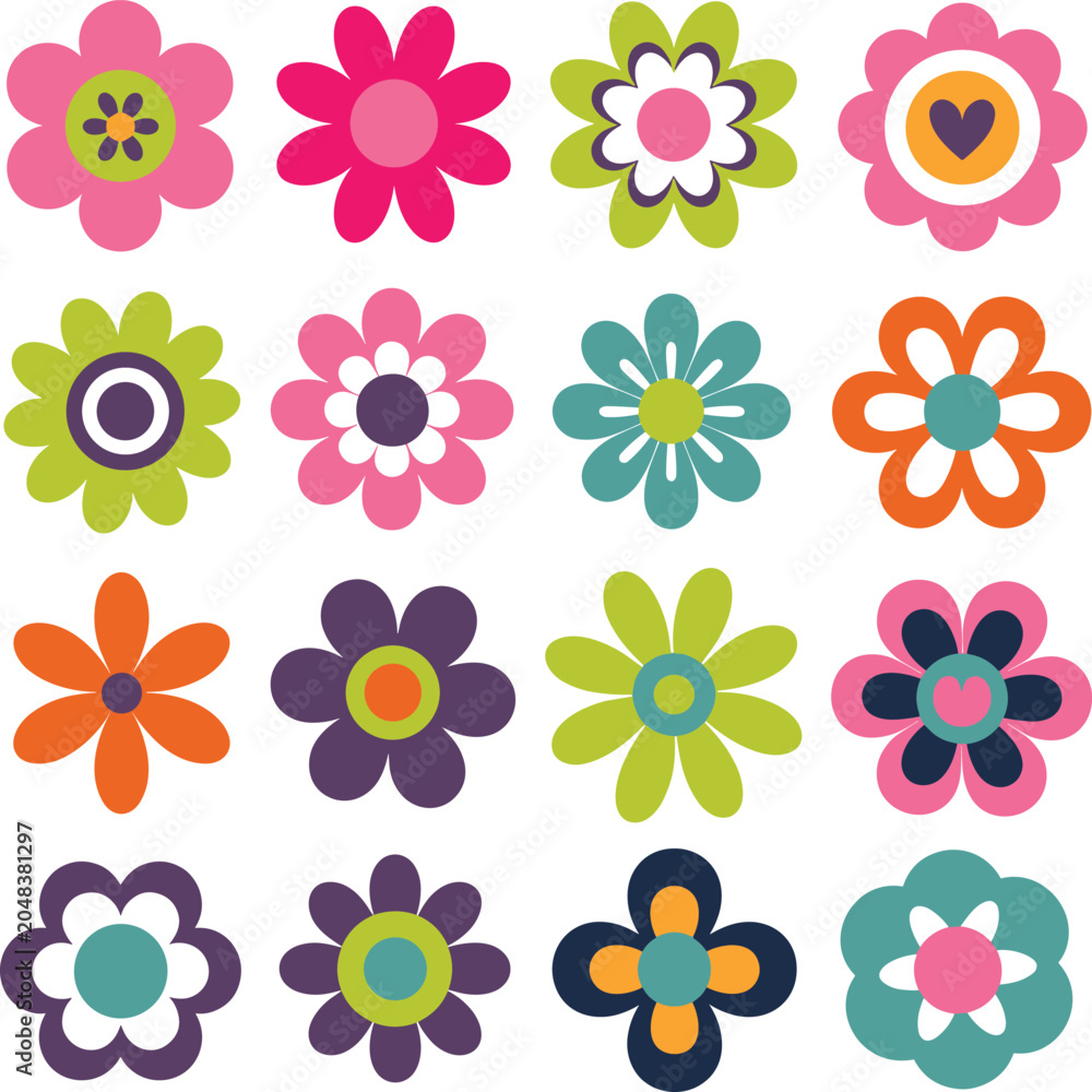 Naklejka premium Retro flower power pattern colorful 1960s style floral design elements