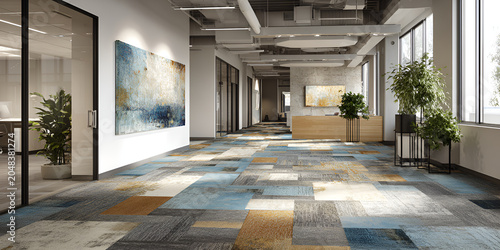 A spacious office hallway with a colorful patterned carpet, art, and greenery, bathed in natural light