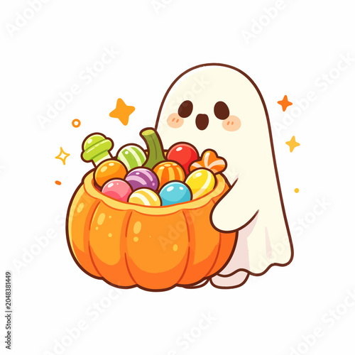 Cute little cartoon ghost holding a pumpkin bucket filled with colorful Halloween candies, adorable spooky character vector illustration, isolated on white background.