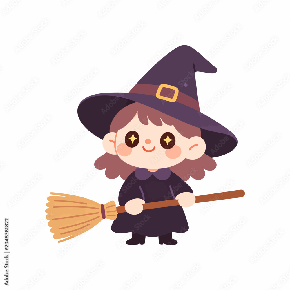 Obraz premium Cute little witch character holding a flying broomstick, adorable chibi halloween illustration isolated on a white background
