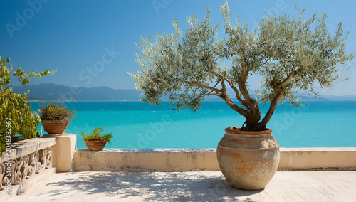 Sunny terrace overlooking turquoise sea, with potted olive tree and plants, bathed in bright daylight and clear blue sky