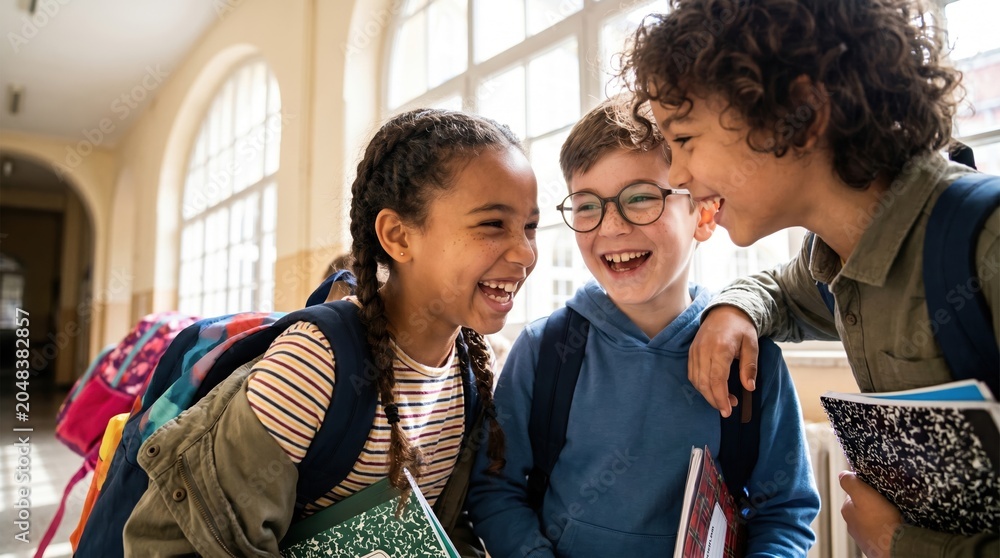 Fototapeta Three middle school students with backpacks laugh together in a bright hallway, holding notebooks and chatting with a friend; candid friendship moment between classmates