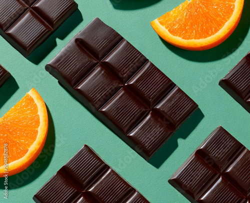 Overhead shot of dark chocolate bars with orange slices, arranged on a vibrant turquoise backdrop