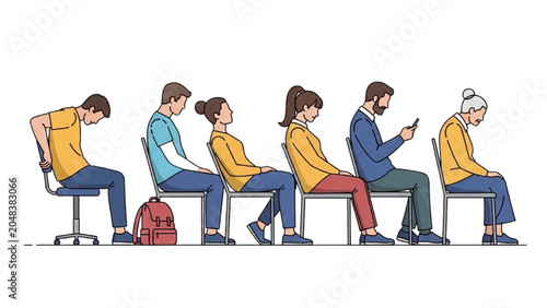 Quadro em tela People sitting in a queue looking bored and focused on their devices