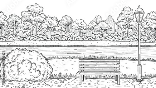 Obraz na plátně Public park landscape line art coloring page featuring wooden bench lamp post bushes and trees by peaceful river bank scenic outdoor leisure environment