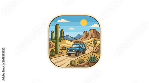 Tablou pe pânză Off-road adventure in a desert landscape with a jeep and saguaro cacti