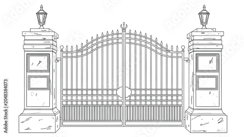 Konstfotografi Ornate wrought iron gate with decorative elements and two grand stone pillars topped with lanterns, forming impressive entryway to large estate or property