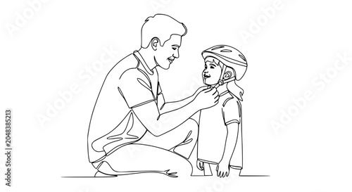 Father helping daughter put on helmet, continuous line art, safety, family bonding, outdoor activity