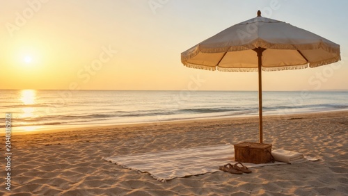Beach Vacation Sunrise Seascape. Idyllic beach scene with a picnic setup bathed in golden sunrise light. Peaceful ocean view evokes relaxation and serene escapism.