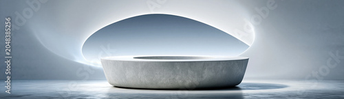 A minimalist backdrop features a 3D podium with a curved, organic shape, surrounded by clean, white space. The design offers plenty of room for text or branding, ensuring a sophisticated presentation.