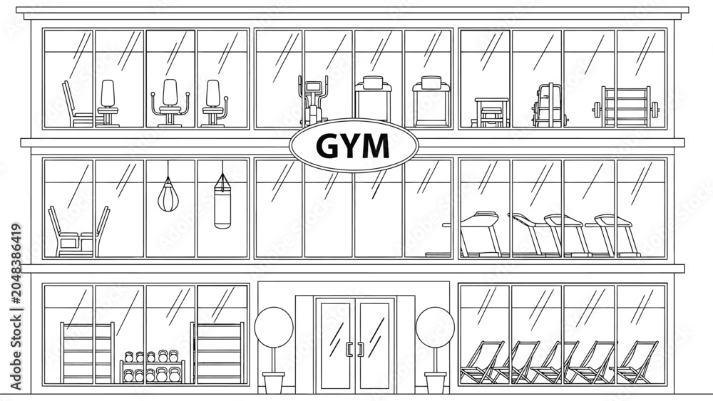 Fototapeta premium Modern gym building facade sketch showing three floors of fitness center with exercise equipment like treadmills and punch bags visible through windows.