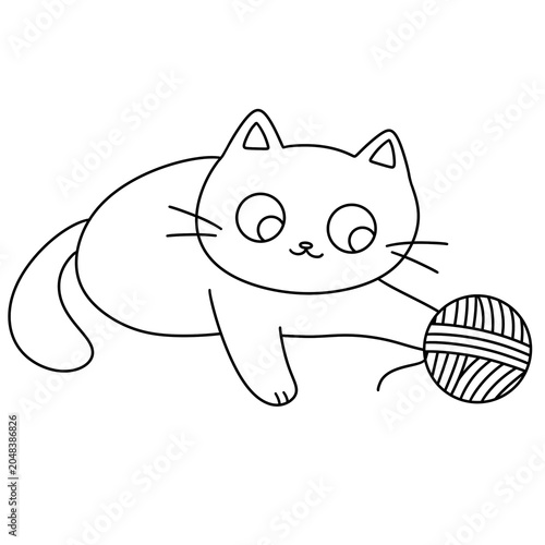 Cute cartoon cat plays with yarn ball