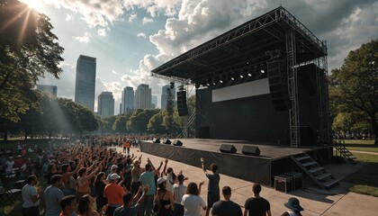 Juneteenth festival stage in an outdoor park featuring a blank unbranded banner for mockup space with a diverse crowd cheering and celebrating freedom and heritage in a sunny setting.
