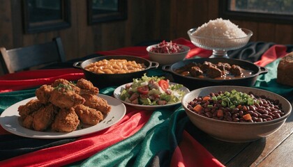 Vibrant Juneteenth celebration featuring red green and black fabrics draped over a table filled with traditional soul food, symbolizing freedom and African American heritage and culture.