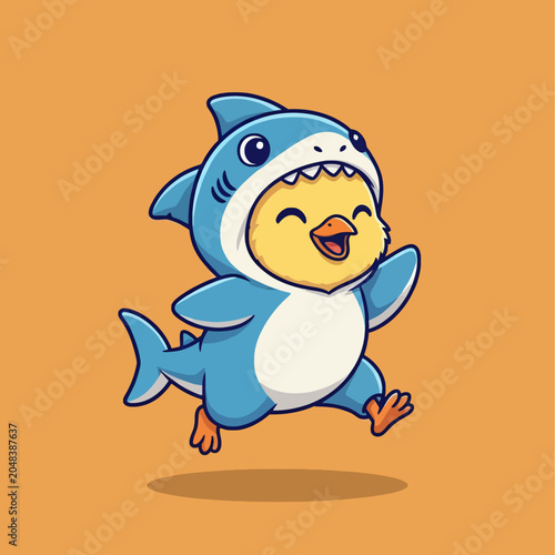 Canvas Print Cute Chick Wearing a Shark Costume Joyfully Running.