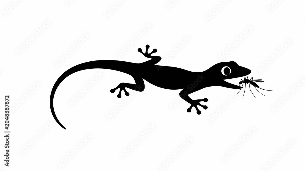 Fototapeta premium Dynamic gecko climbing upward while grabbing a mosquito in its mouth, realistic anatomy, isolated on pure white background