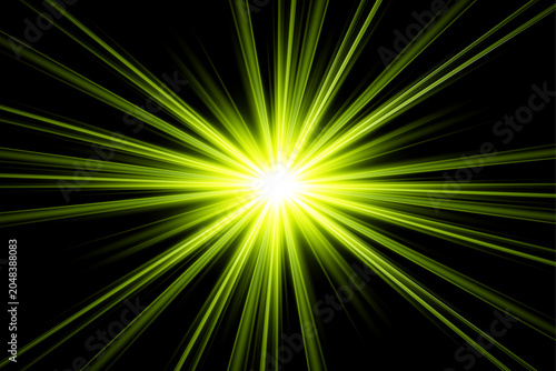 Green light effect radiant beam explosion on black background