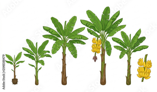 Banana tree collection with ripe bananas vector illustration isolated on white background