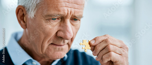 An elderly man looks confused while holding a single jigsaw puzzle piece, symbolizing memory loss and cognitive decline