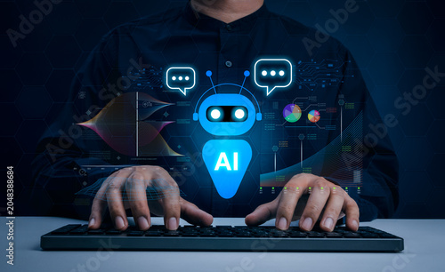 Business professional using AI assistant chatbot interface with data analytics dashboard and automation technology. Artificial intelligence productivity, digital communication, smart workflow concept.
