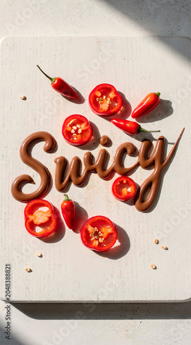 Flat lay of the word Swicy written in melted chocolate with red chili peppers on a white wooden background