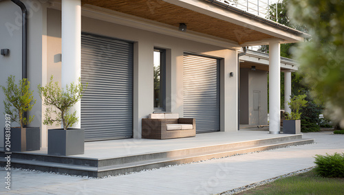 Modern home exterior, featuring a porch with two roller shutters. Plants in square planters add greenery to the scene