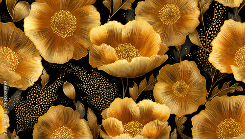 Close-up seamless floral pattern with opulent golden blooms set against a contrasting black backdrop, featuring intricate details
