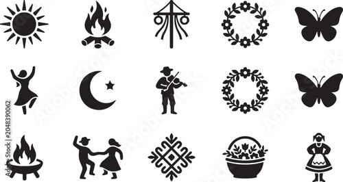 Bild auf Leinwand Minimalist black vector graphic collection featuring traditional midsummer festi