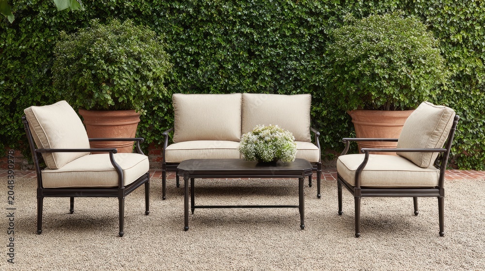 Fototapeta premium Elegant outdoor seating arrangement with neutral cushions, surrounded by lush greenery, perfect for relaxation and gatherings in a serene garden setting