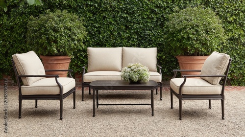 Elegant outdoor seating arrangement with neutral cushions, surrounded by lush greenery, perfect for relaxation and gatherings in a serene garden setting