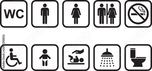 Set of black and white vector graphic icons representing public facility signs for restrooms showers baby changing and accessibility access
