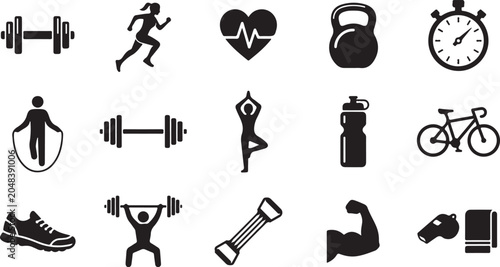 A comprehensive collection of black vector fitness icons featuring gym equipment exercise routines healthy lifestyle activities and athletic training gear