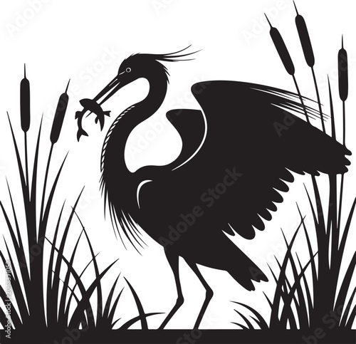 Foto Black silhouette heron bird catching fish in reeds