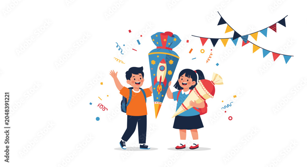Fototapeta premium Happy boy and girl celebrating the first day of school with traditional colorful school cones and festive decorations.