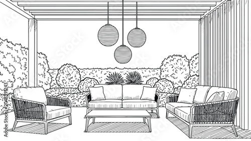 Bild auf Leinwand Outdoor patio lounge area sketch shows comfortable sofa, armchair, coffee table, hanging lights, and lush garden background