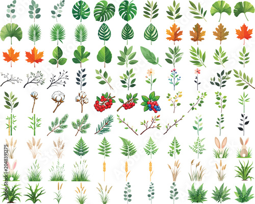 99 Modern Minimalist Flower and Botanical Leaf Vector Elements Mega Set