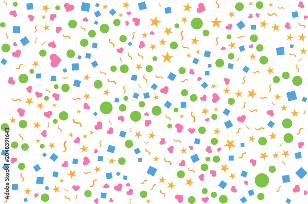 Obraz premium Colorful confetti pattern with stars hearts squares and circles on a white background