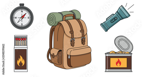 Essential hiking and camping equipment set featuring a backpack, compass, matches, flashlight, and canned food for outdoor adventure.