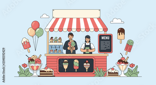 Male and female vendors working at a colorful outdoor ice cream stall selling various frozen treats and desserts to customers.