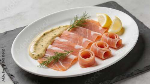 Thinly sliced smoked salmon elegantly arranged on a white plate with creamy mustard sauce, lemon wedges, and fresh dill, showcasing refined gourmet cuisine.