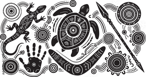 Detailed vector illustration featuring aboriginal style tribal art with a turtle lizard boomerang and spear on a white background