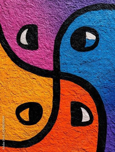 Vibrant Abstract Mural with Bold Colors and Curved Shapes on Textured Surface for Modern Design Inspiration