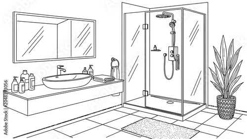 Obraz na płótnie Modern bathroom interior line art illustration featuring glass shower cabin vanity with oval sink large mirror toiletries and potted plant in corner