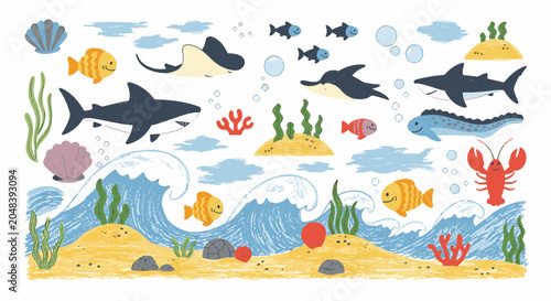 Children's hand-drawn crayon style underwater scene featuring sharks, stingray, lobster, eel, and tropical fish with ocean waves, coral, and seaweed on a white background.