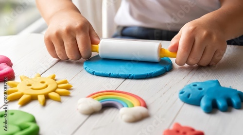 Child hands playing with colorful playdough