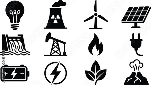 Fotografía Energy Production and Renewable Power Icon Set Featuring Solar, Wind, Hydroelect