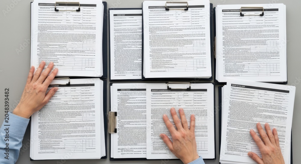 Obraz premium Hand reviewing documents on clipboards in an office setting, representing data analysis and information management